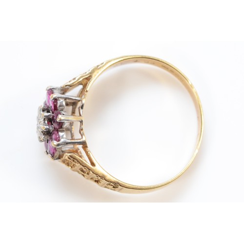 1210 - A 9ct gold ruby and diamond cluster ring, Q, 3.3gm,