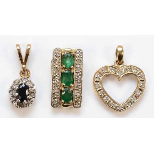 1276 - A 9ct gold and diamond heart pendant, 13mm, a 9ct gold emerald and diamond pendant and a 9ct gold sa... 