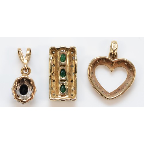 1276 - A 9ct gold and diamond heart pendant, 13mm, a 9ct gold emerald and diamond pendant and a 9ct gold sa... 