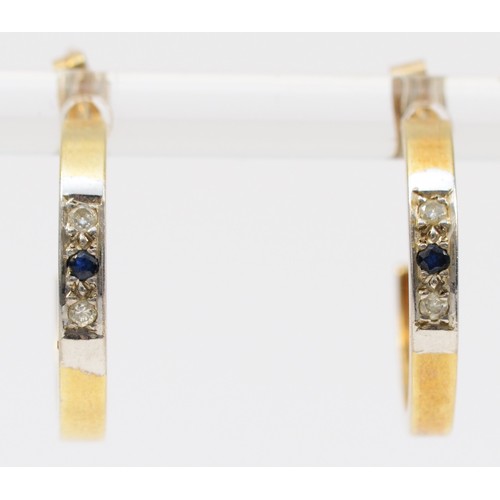 1472 - A pair of 9ct gold diamond and sapphire three stone hoop earrings with scroll backs, 20mm diameter, ... 