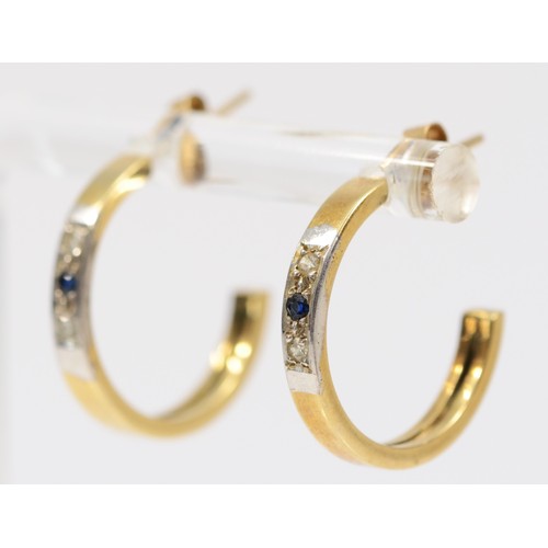 1472 - A pair of 9ct gold diamond and sapphire three stone hoop earrings with scroll backs, 20mm diameter, ... 