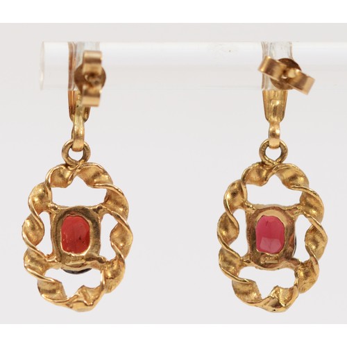 1498 - A pair of 9ct gold garnet drop earrings with scroll backs, 25mm total length, 2.9g