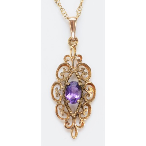 1283 - A 9ct gold vintage style amethyst pendant with chain, 25mm pendant length, 1.8g