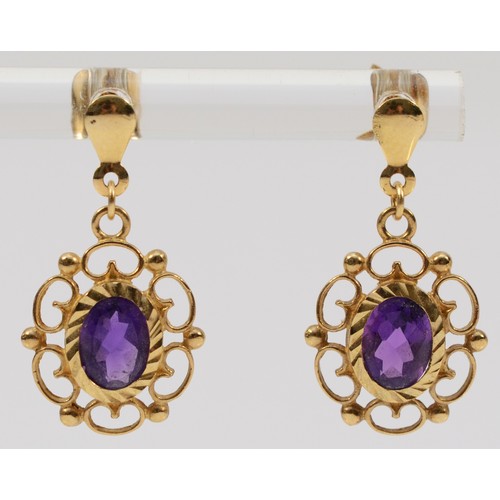 1344 - A pair of 9ct gold vintage amethyst drop earrings with scroll backs, 24mm total length, 1.7g