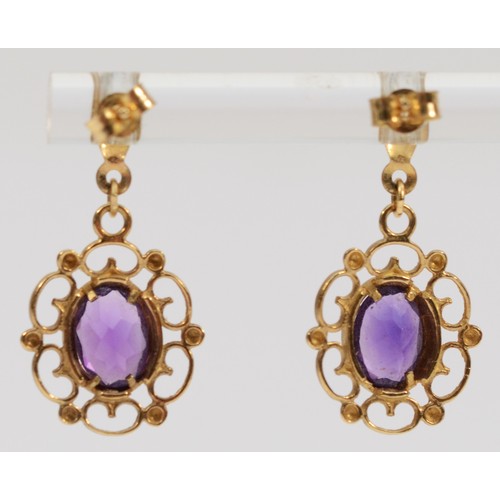 1344 - A pair of 9ct gold vintage amethyst drop earrings with scroll backs, 24mm total length, 1.7g