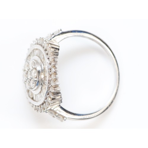 1367 - A 9ct white gold, brilliant, baguette and single cut diamond cluster ring, diameter 12mm, N, 4.2gm