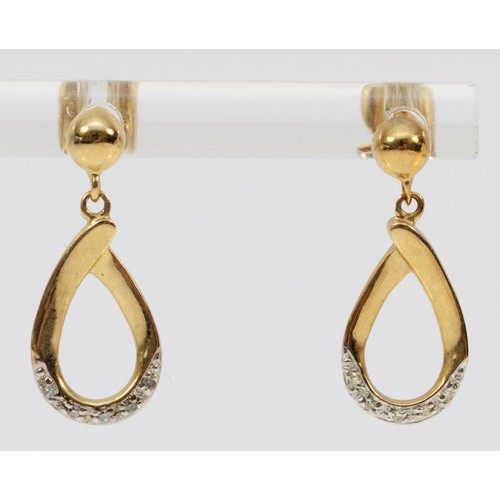 1222 - A pair of 9ct gold diamond drop earrings with scroll backs, 20mm total drop, 2g