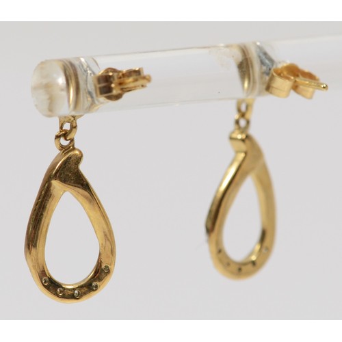 1222 - A pair of 9ct gold diamond drop earrings with scroll backs, 20mm total drop, 2g