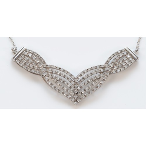 1368 - A 9ct white gold and diamond five row panel necklace front, 44mm, chain, 41cm, 3.8gm.