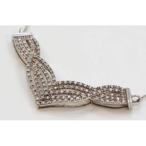 1368 - A 9ct white gold and diamond five row panel necklace front, 44mm, chain, 41cm, 3.8gm.