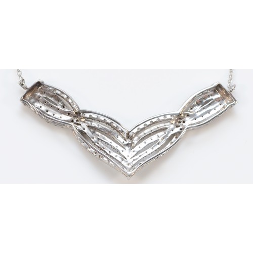 1368 - A 9ct white gold and diamond five row panel necklace front, 44mm, chain, 41cm, 3.8gm.