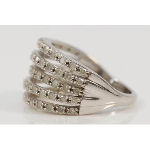 1369 - A 9ct white gold diamond five row ring, N, 4.8gm