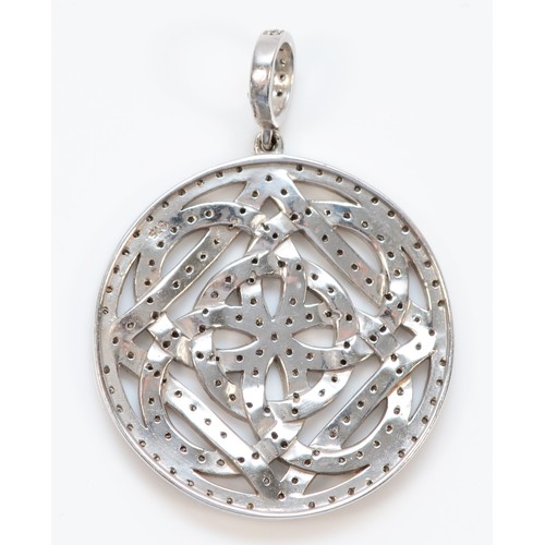 1370 - A 9ct white gold a diamond openwork circular pendant, diameter 28mm, 6.8gm