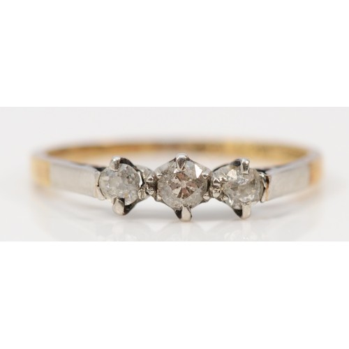 1378 - An 18ct gold and platinum vintage diamond trilogy dress ring, K 1/2, 1.6g