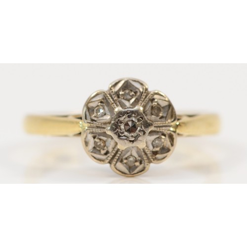 1391 - An 18ct gold vintage diamond floral design dress ring, M, 3.2g