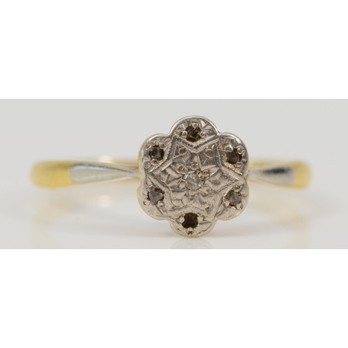 1400 - An 18ct gold and platinum vintage diamond floral design dress ring, L, 1.7g