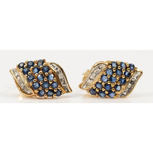 1423 - A pair of 9ct gold sapphire and diamond cluster earrings with scroll backs, 15mm earring length, 2.7... 