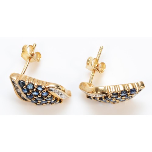 1423 - A pair of 9ct gold sapphire and diamond cluster earrings with scroll backs, 15mm earring length, 2.7... 