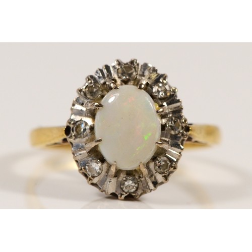 1461 - An 18ct gold opal and diamond cluster ring, 14 x 12mm overall, S, 4.7gm