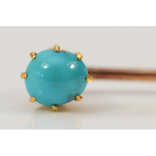 1432 - A 9ct gold antique turquoise stick pin, 1.4g