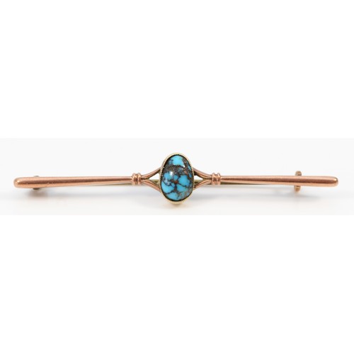 1228 - A 9ct rose gold antique turquoise bar brooch, 60mm across, 3g