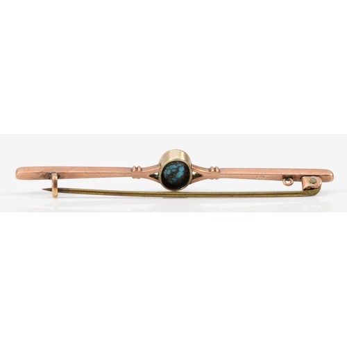 1228 - A 9ct rose gold antique turquoise bar brooch, 60mm across, 3g