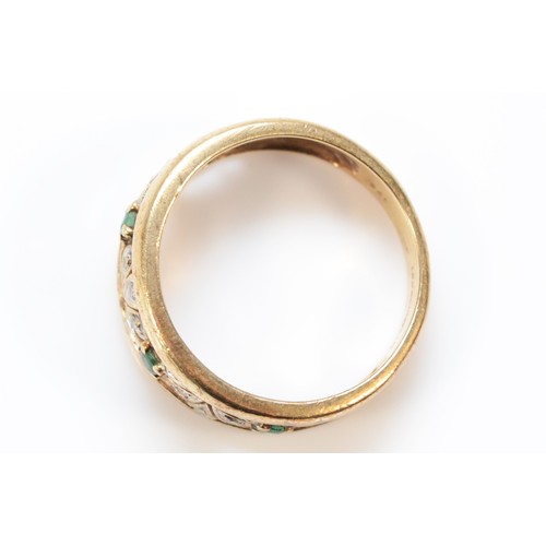 1240 - A 9ct gold emerald and diamond floral dress ring, L 1/2, 3g