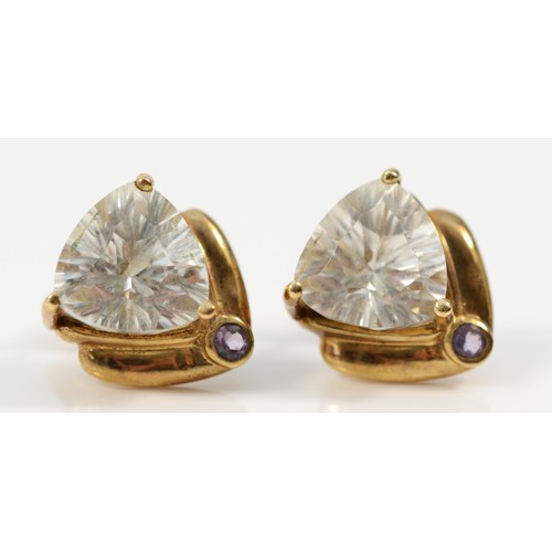 1596 - A pair of 9ct gold white topaz and amethyst earrings with scroll backs, 10mm, 3.5g