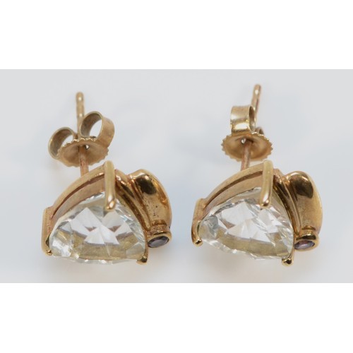 1596 - A pair of 9ct gold white topaz and amethyst earrings with scroll backs, 10mm, 3.5g