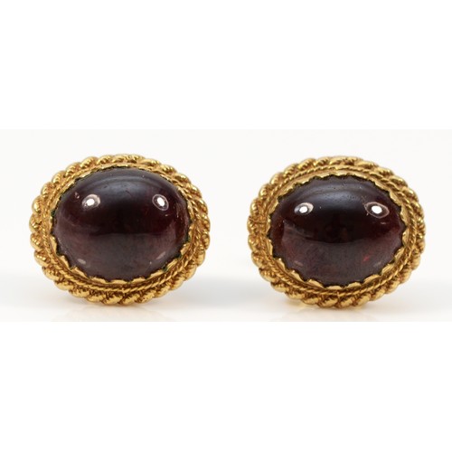 1301 - A pair of 9ct gold cabochon cut garnet stud earrings, 13mm length, 3.7g