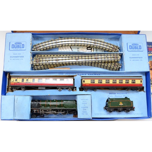 13 - Hornby Railways; comprising Dublo train set B.R class 69567 engine, two carriages and five goods wag... 