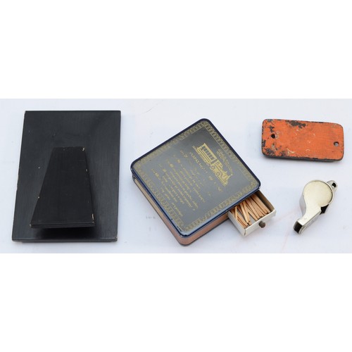 39 - Tray of four sundry railway items, to include, metal BR(E) ACME thunderer whistle and B.B. (Western ... 