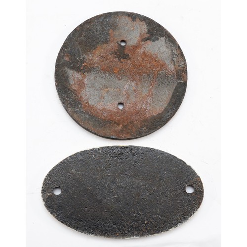 43 - Two oval cast-iron wagon plates, 'L & Y Wagon & Eng. Co. Ltd Builders, Heywood 1957' and 'Owners Lan... 