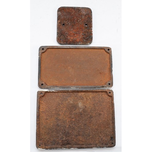 45 - Three cast-iron coach plates, stating dimensions and seating capacity.