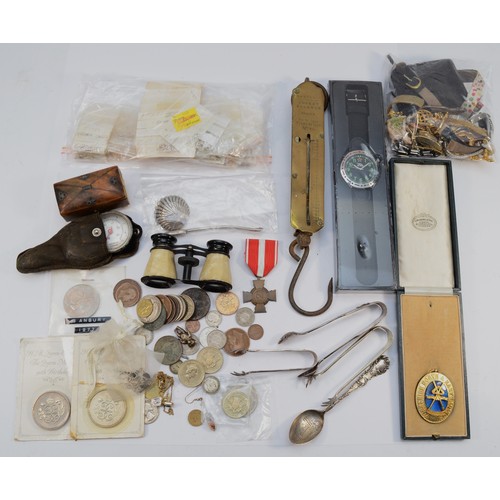 1 - A quantity of costume jewellery, a pair of brass scales and a tortoiseshell snuff box