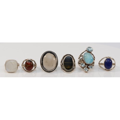 31 - Six silver and gemset dress rings, M - P, 38gm