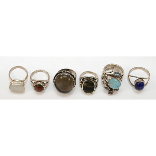 31 - Six silver and gemset dress rings, M - P, 38gm