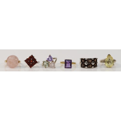 36 - A 925 silver gilt and pink quartz ring, and five other silver and gem set rings, 28gm