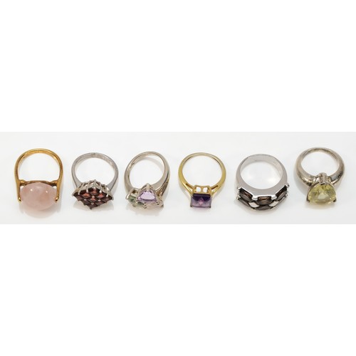 36 - A 925 silver gilt and pink quartz ring, and five other silver and gem set rings, 28gm