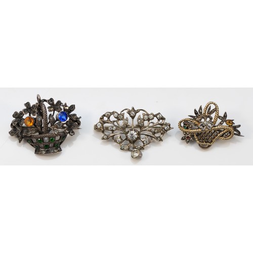 43 - A 925 silver and paste basket of flowers brooch, and two 800 standard silver brooches, 16gm