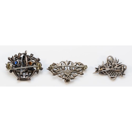 43 - A 925 silver and paste basket of flowers brooch, and two 800 standard silver brooches, 16gm