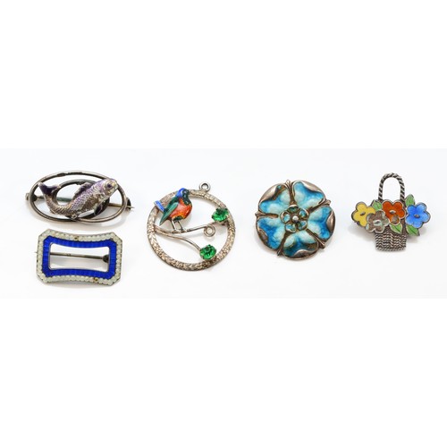 57 - Five vintage silver and enamel brooches, 18gm