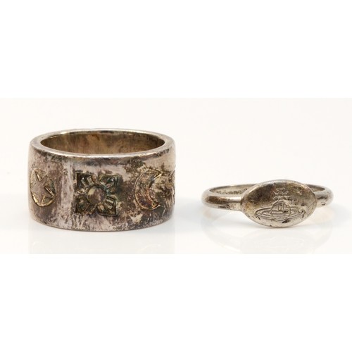 83 - Vivienne Westwood, a silver signet ring, with motif, signed with VW hallmark and another 925 silver ... 