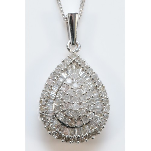 108 - A 9ct white gold vari-cut diamond pendant with chain, 20mm pendant length, 4.2g