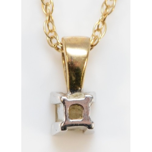 109 - A 9ct gold Princess cut diamond solitaire pendant with chain, 3mm diamond, 0.9g