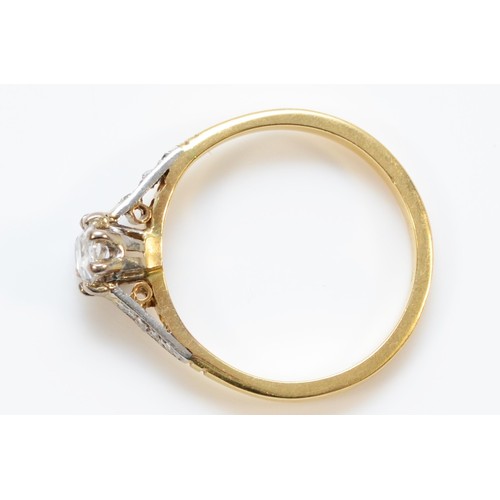 111 - An unmarked 18ct gold old mine cut diamond ring with diamond shoulders, L, 2.4g