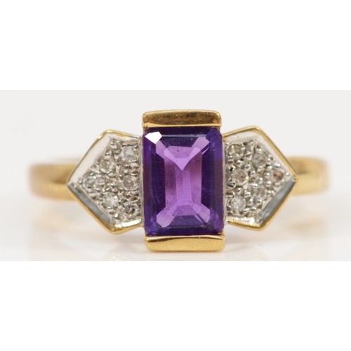 121 - A 9ct gold emerald cut amethyst and diamond dress ring, L, 2.3g