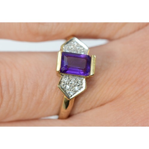 121 - A 9ct gold emerald cut amethyst and diamond dress ring, L, 2.3g