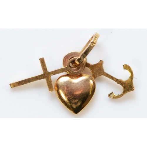 123 - A 9ct gold love, faith and charity charm, 11mm total length, 0.3g