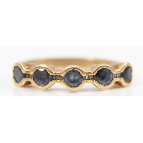 135 - A 9ct gold vintage sapphire and diamond half eternity ring, O, 2.9g